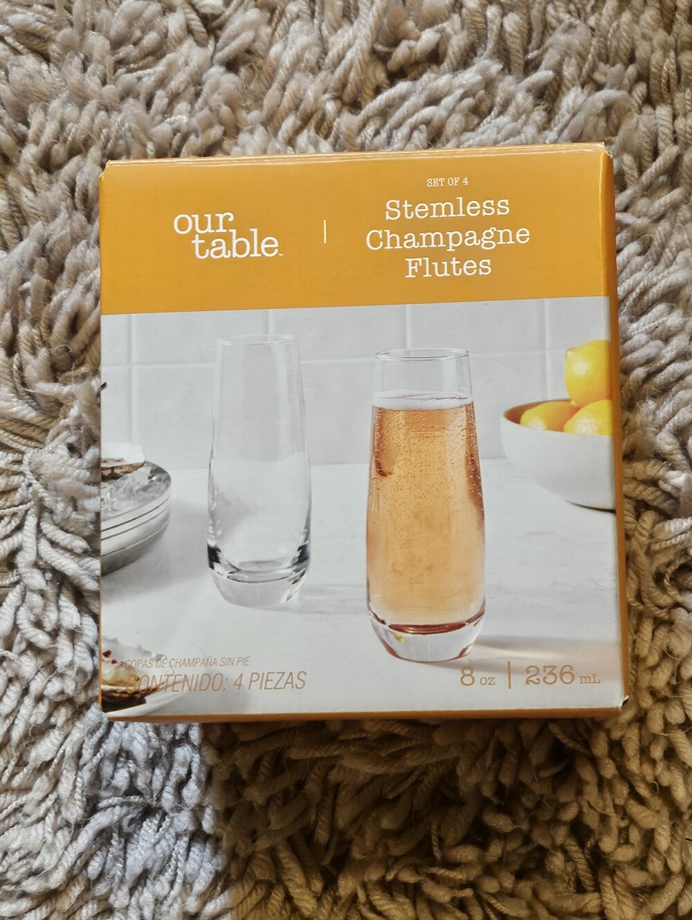 Our Table Stemless Champagne Flutes Wine Glasses Set Of 4 New In Box